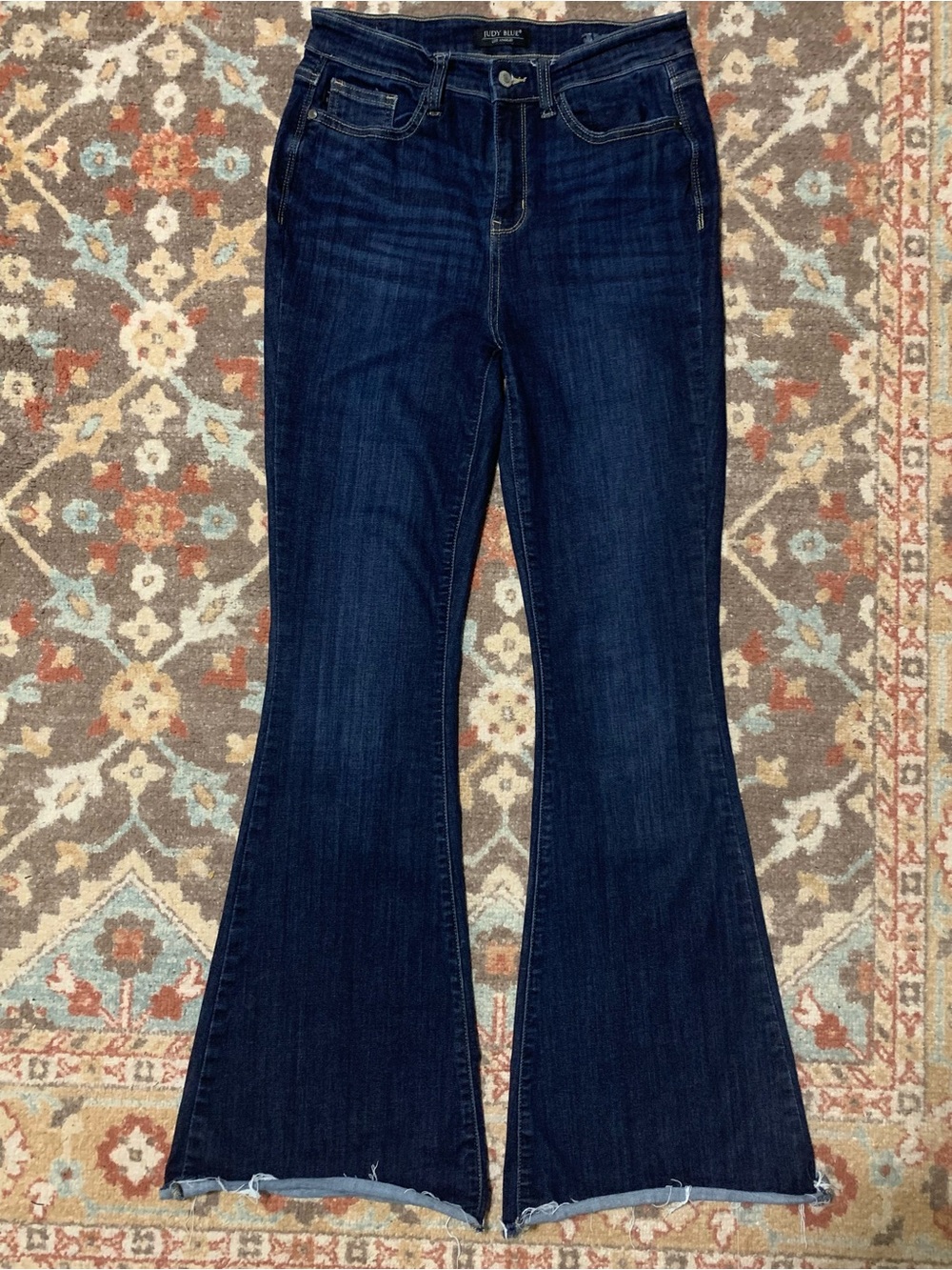 JUDY BLUE High Waist Raw Hem Dark Wash Flare Jeans 7/28 - Picture 2 of 14